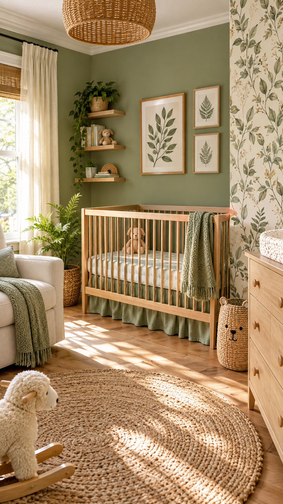 A soft sage green canopy draped above a nursery crib, creating a calm and cozy nature-inspired sleep space.