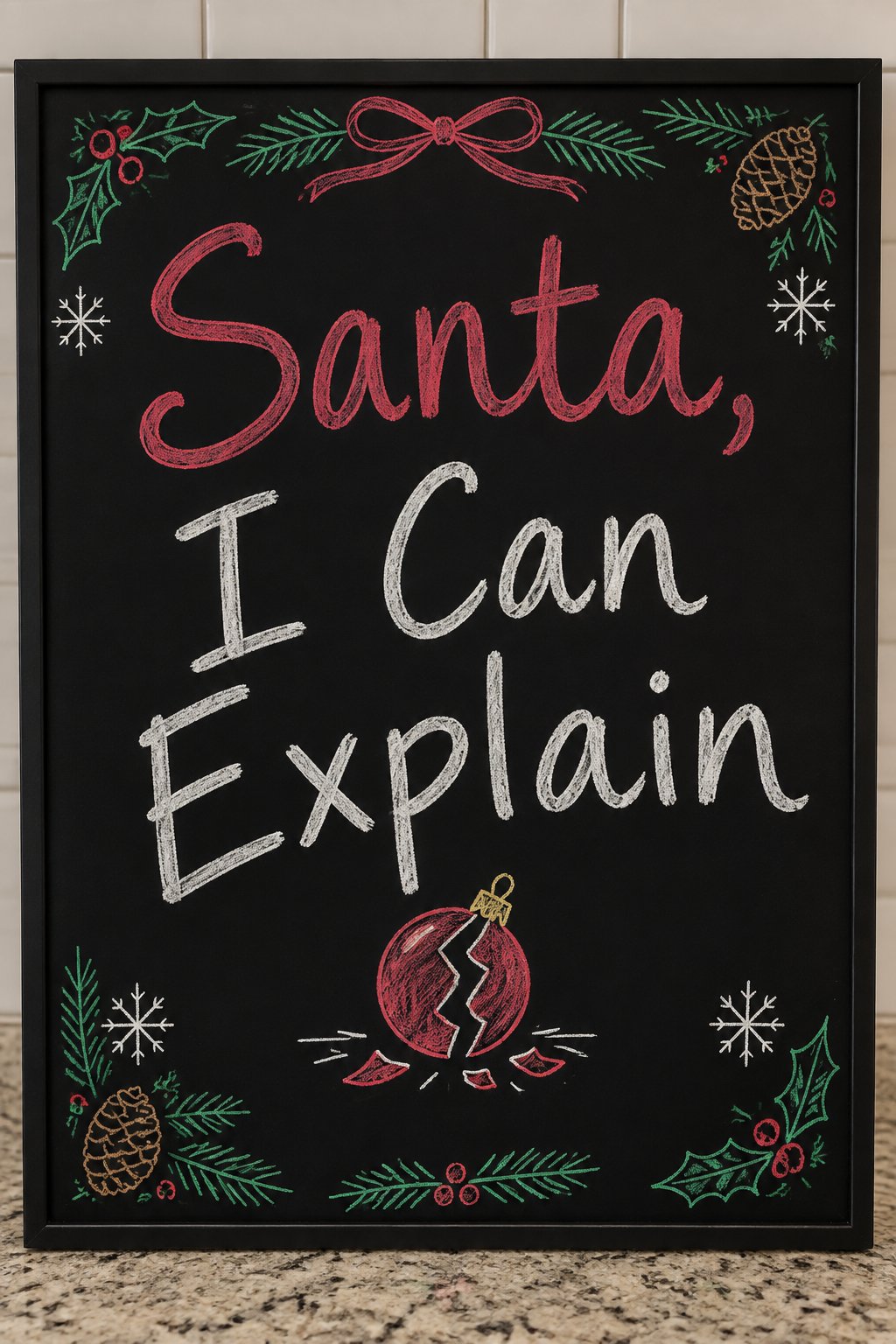 Santa, I Can Explain: a framed Christmas chalkboard sign reading "Santa, I Can Explain", hand-drawn in chalk with a cracked ornament on the floor.