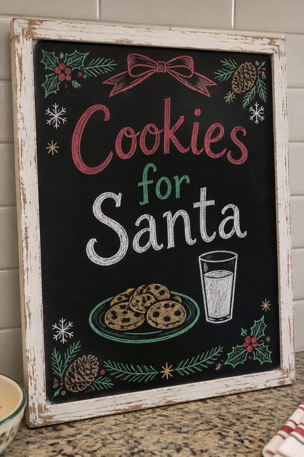 Santa's Cookie Station: a framed chalkboard sign reading "Cookies for Santa", hand-drawn in chalk with a plate of cookies and a glass of milk.