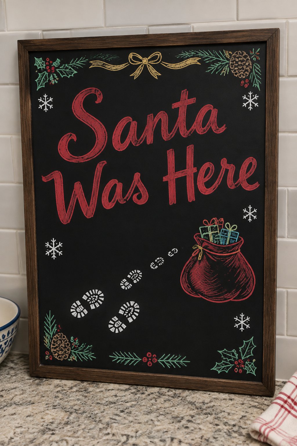 Santa Was Here: a framed Christmas chalkboard sign reading "Santa Was Here", hand-drawn in chalk with boot prints leading to a sack of presents.
