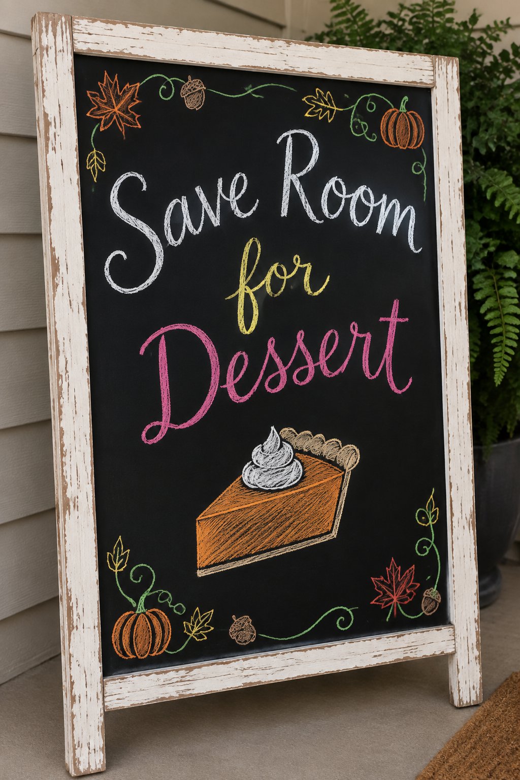 Save Room for Dessert: a framed Thanksgiving chalkboard sign reading "Save Room for Dessert", hand-drawn in chalk with a slice of pumpkin pie with whipped cream.