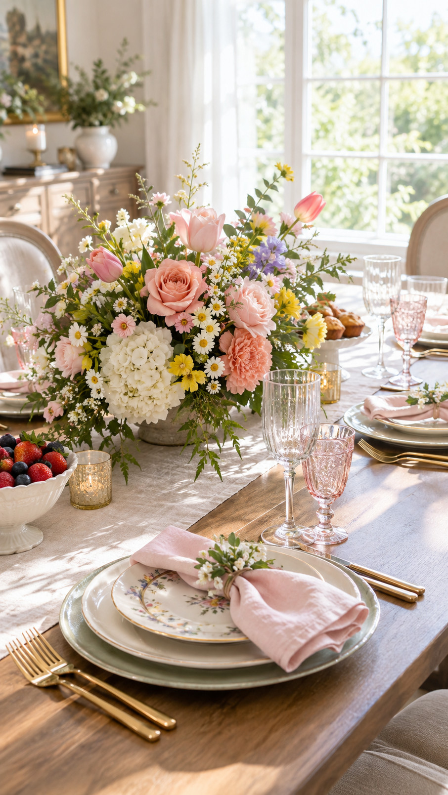 White scalloped dessert stands filled with pastries, berries, and pastel sweets on an elegant Mother's Day brunch table.
