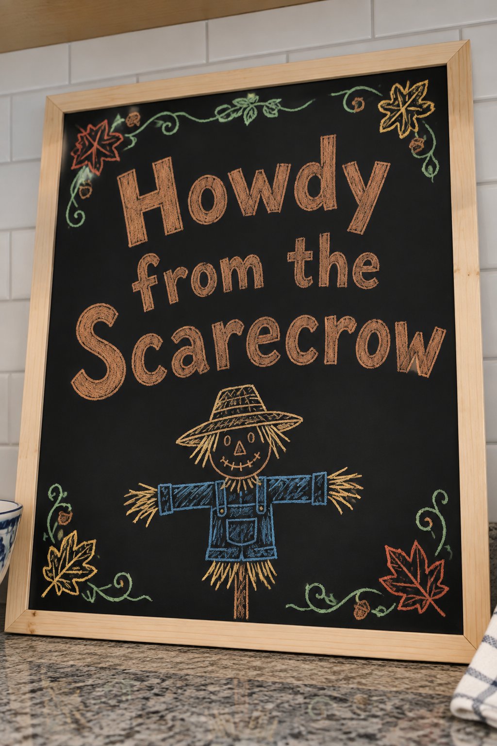 Scarecrow Board: a framed fall chalkboard sign reading "Howdy from the Scarecrow", hand-drawn in chalk with a simple scarecrow in a straw hat.