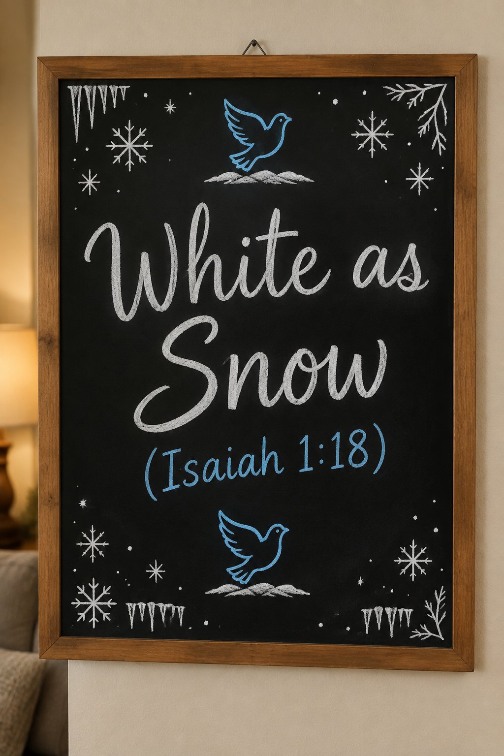 Scarlet to Snow Board: a framed winter chalkboard sign reading "White as Snow (Isaiah 1:18)", hand-drawn in chalk with one simple dove shape drawn above a small patch of snow.
