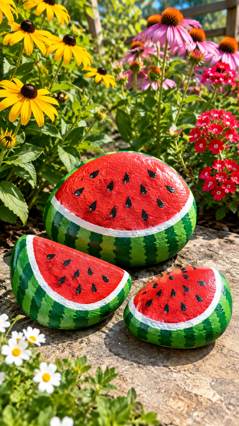 Seed-strewn watermelon painted rocks featuring pink fruit, green rinds, and small black seeds in a bright summer garden display.