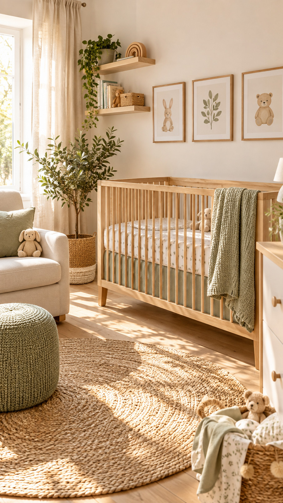 Round sunburst mirror with a natural frame hanging above a changing table in a gender-neutral nursery.