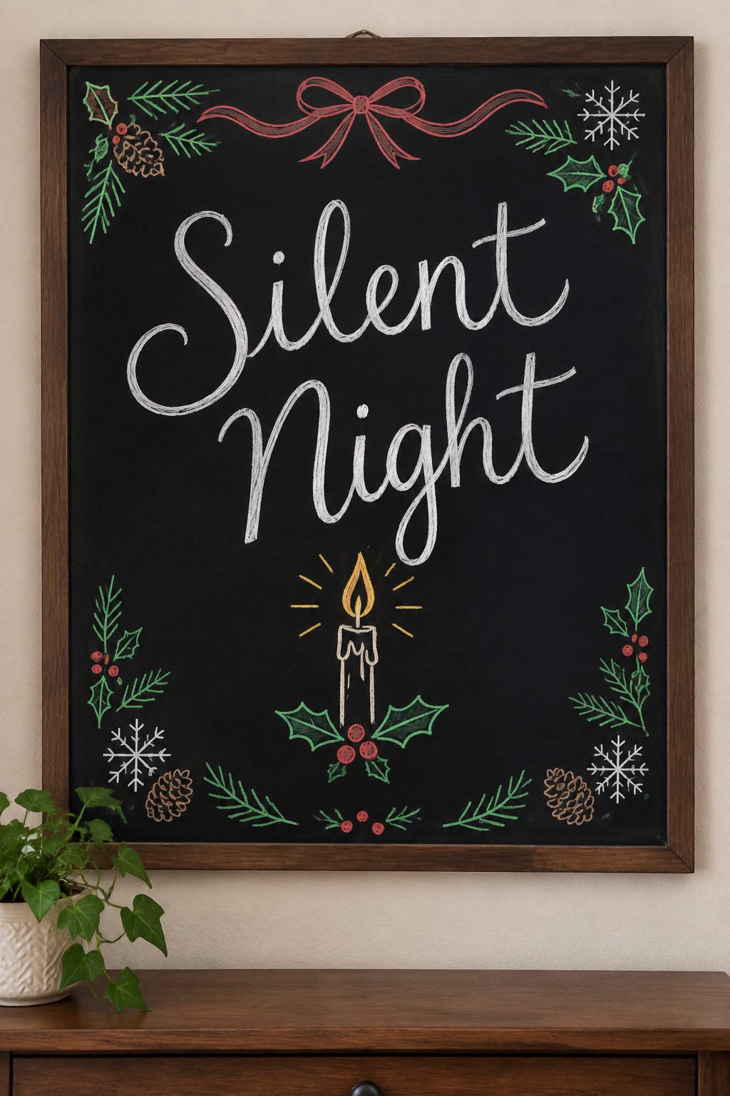 Silent Night Candle: a framed Christmas chalkboard sign reading "Silent Night", hand-drawn in chalk with a single lit candle with a sprig of holly.