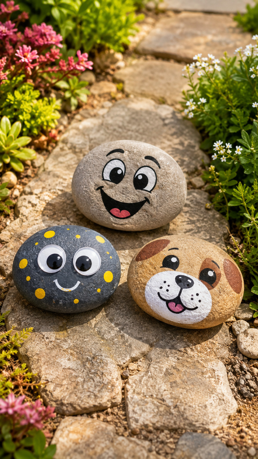 A group of brightly painted ladybug rocks with red shells, black spots, googly eyes, and silly smiles arranged in a garden.