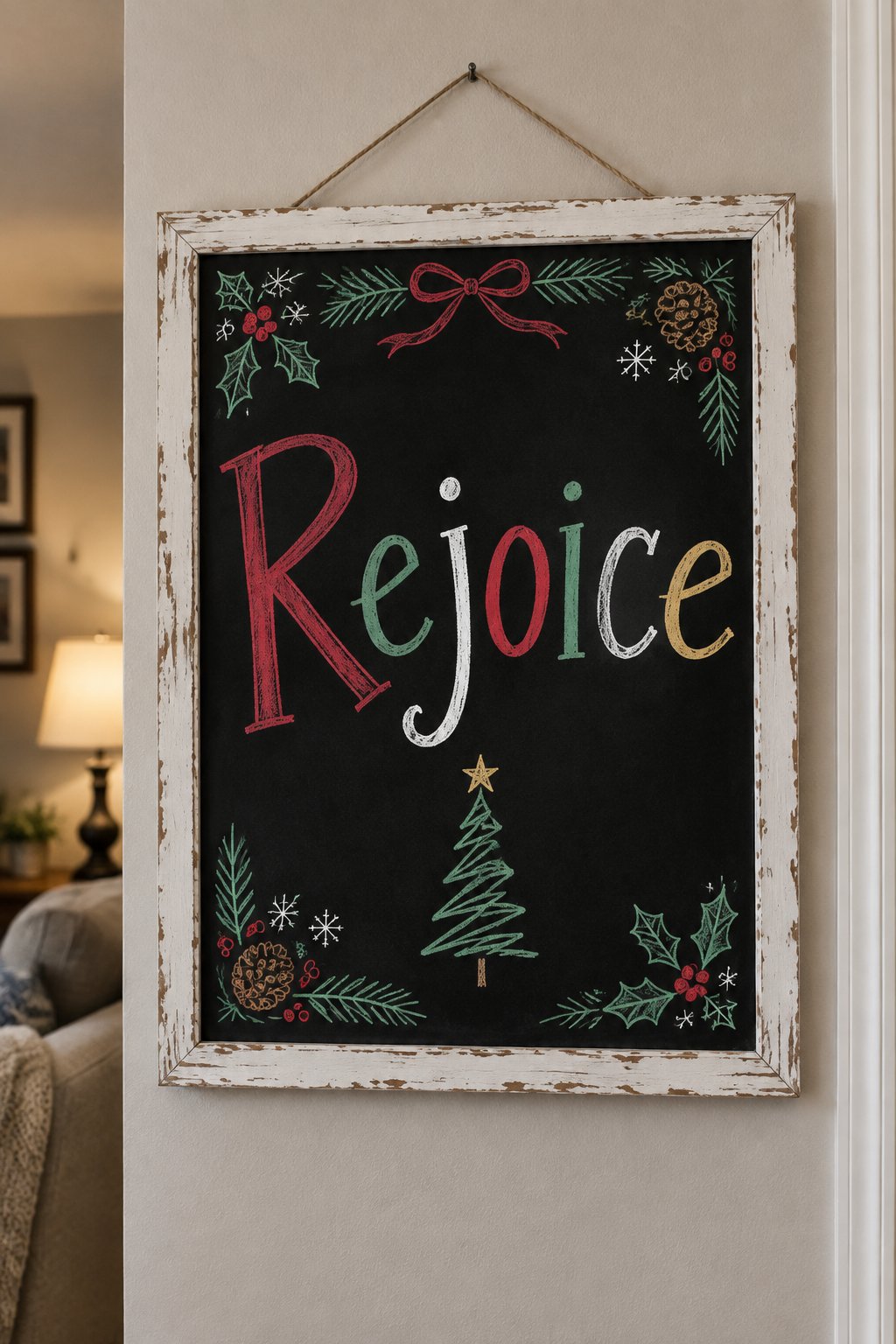 Simple Christmas Tree Line Drawing: a framed chalkboard sign showing "Rejoice", hand-drawn in white, deep red, sage green and gold chalk, with one simple line-drawn Christmas tree with a single star o