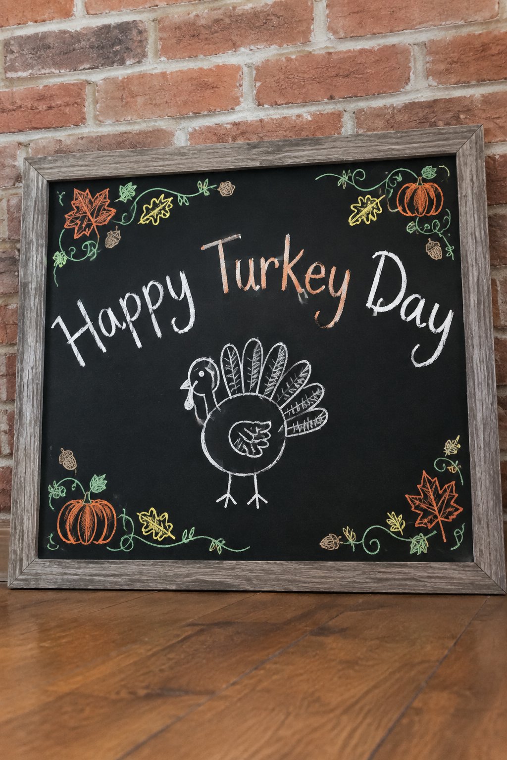Simple Line Turkey: a framed Thanksgiving chalkboard sign reading "Happy Turkey Day", hand-drawn in chalk with a simple line-drawn turkey.