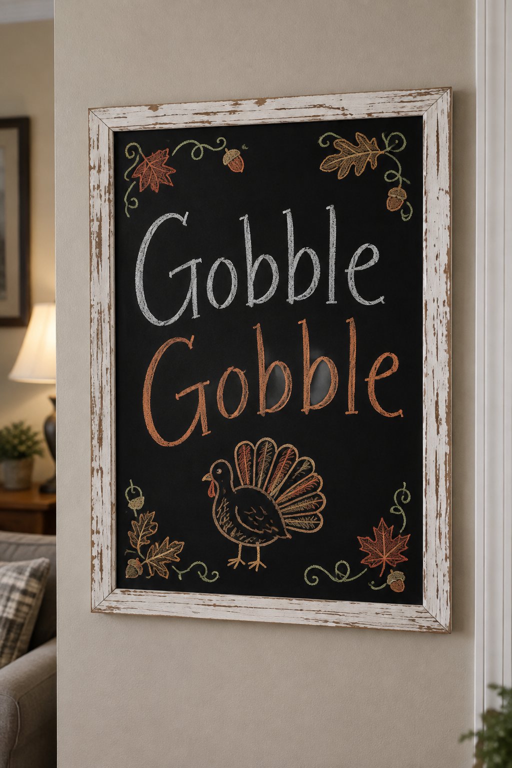Simple Turkey Line Drawing: a framed chalkboard sign showing "Gobble Gobble", hand-drawn in fall chalk colors, with one simple line-drawn turkey with a fanned tail.