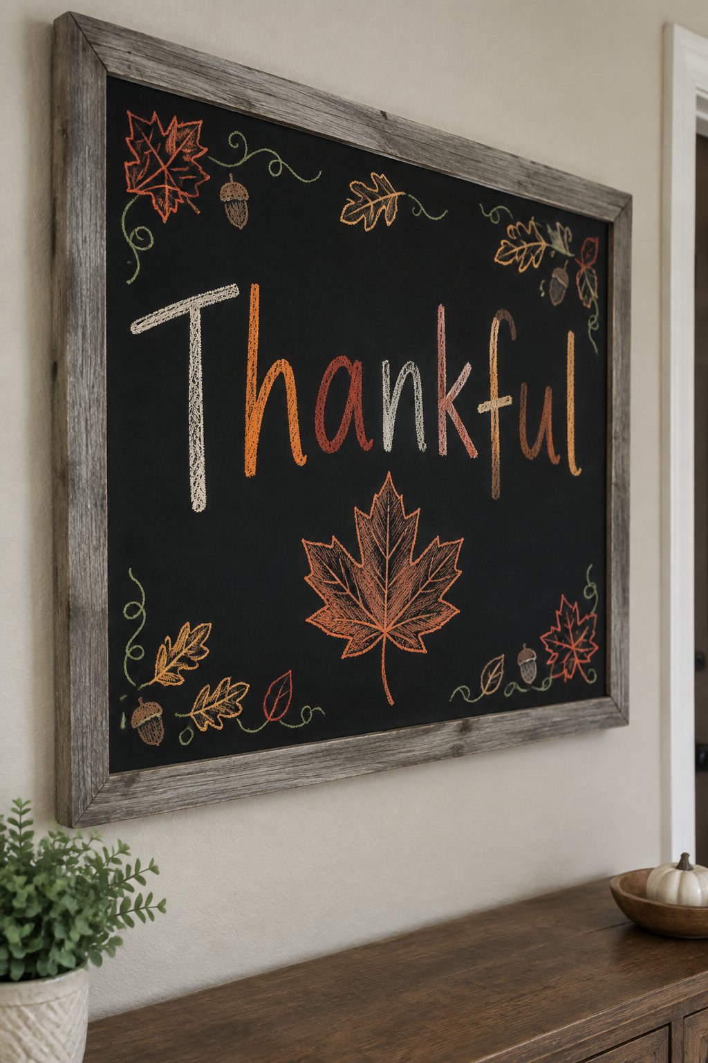 Single Leaf Script: a framed chalkboard sign showing "Thankful", hand-drawn in fall chalk colors, with one large maple leaf drawn beneath the word.
