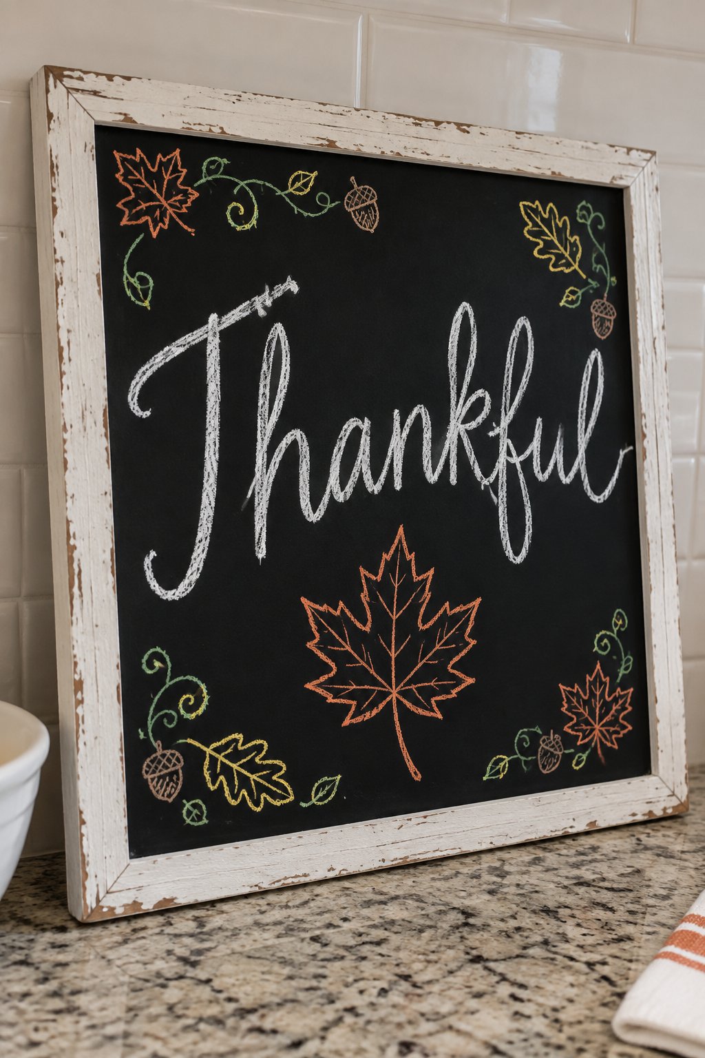 Single Leaf Script: a framed Thanksgiving chalkboard sign reading "Thankful", hand-drawn in chalk with one large maple leaf under the word.