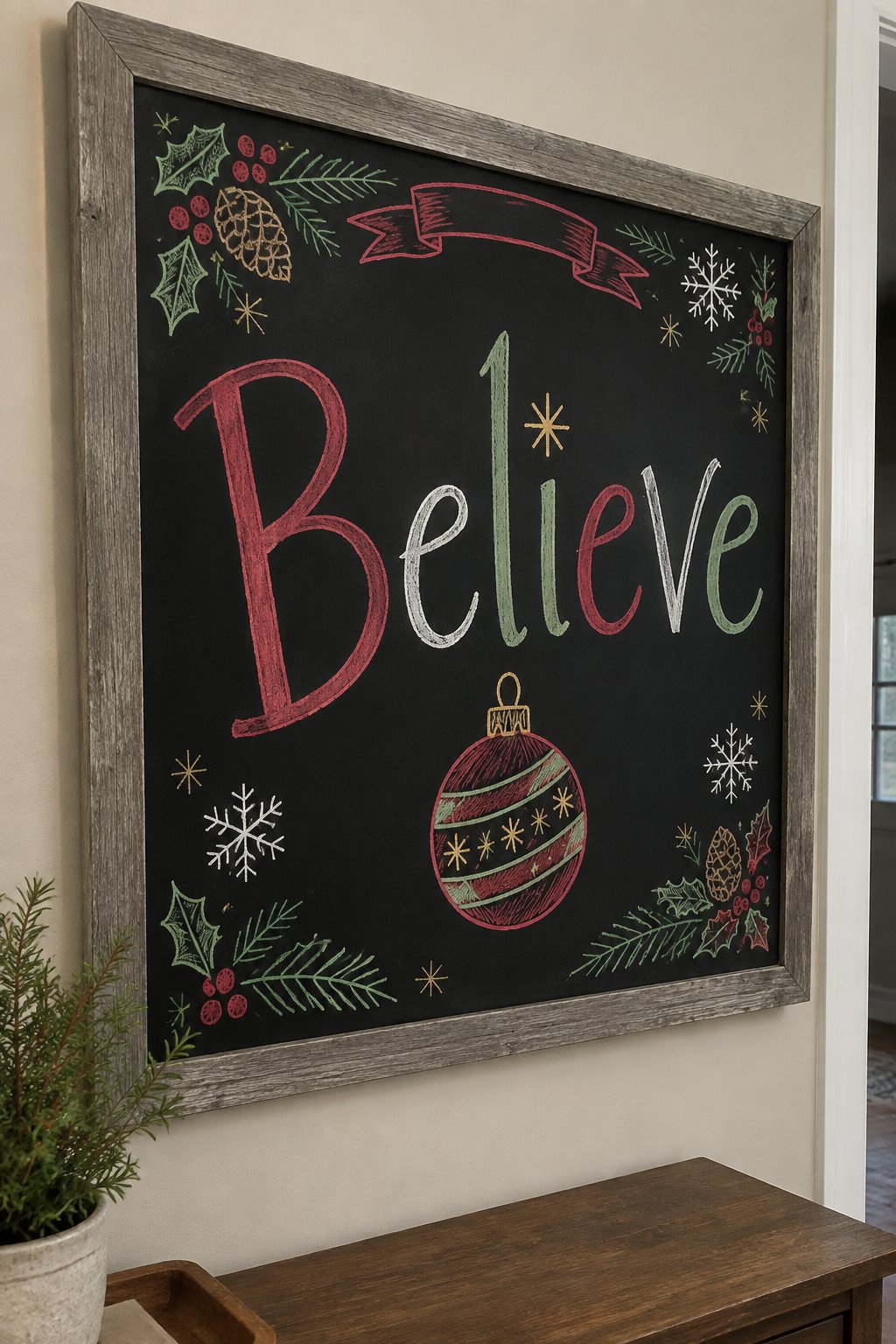 Single Ornament Script: a framed chalkboard sign showing "Believe", hand-drawn in white, deep red, sage green and gold chalk, with one large round ornament drawn beneath the word, with a small hook on
