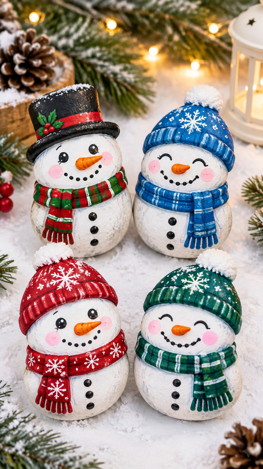 A painted snowman rock wearing skates glides across blue ice with rosy cheeks and a striped scarf.