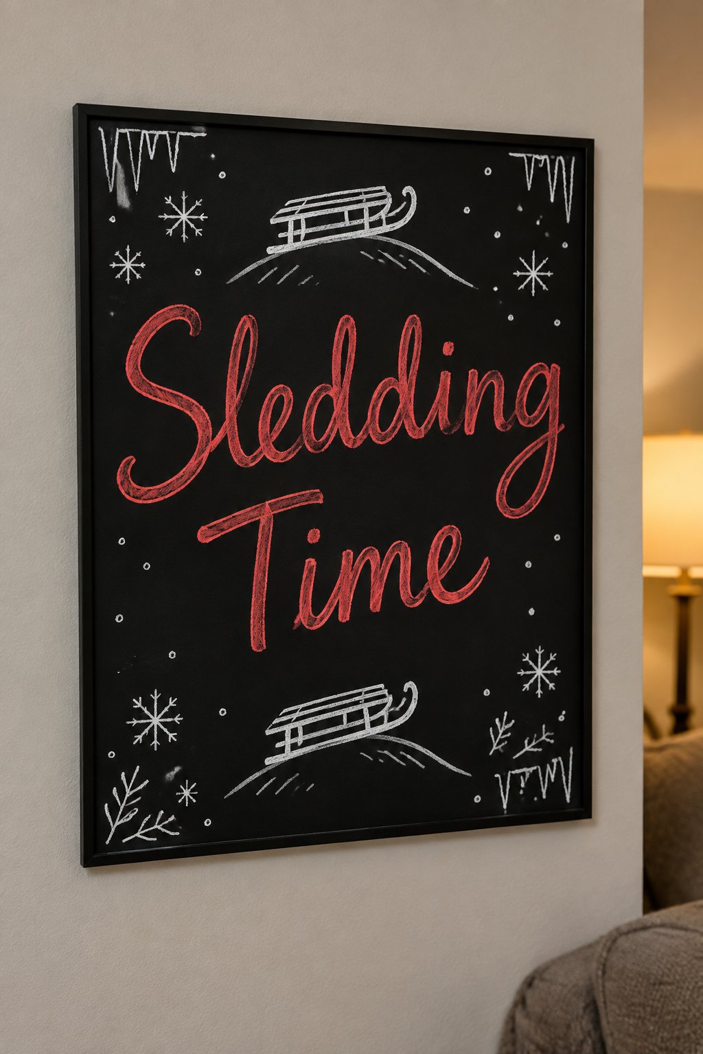 Sledding Time Sign: a framed winter chalkboard sign reading "Sledding Time", hand-drawn in chalk with one sled with curved runners sitting at the top of a small hill.
