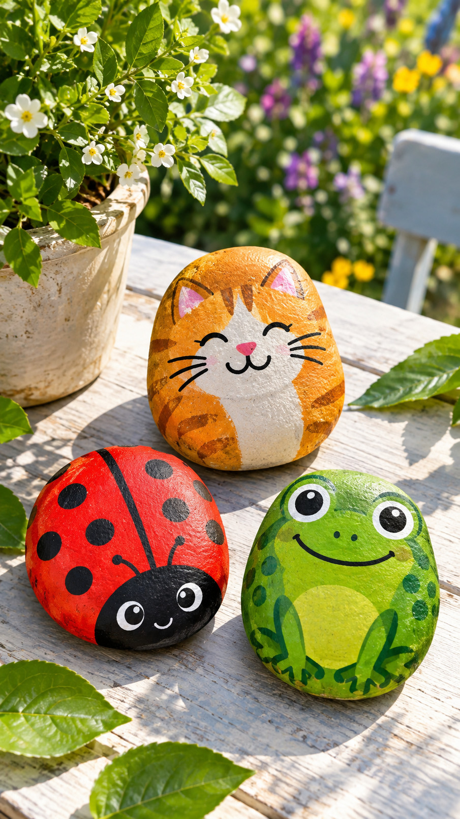 A smooth painted rock featuring a sleepy brown sloth with green leafy accents and a sweet expression.