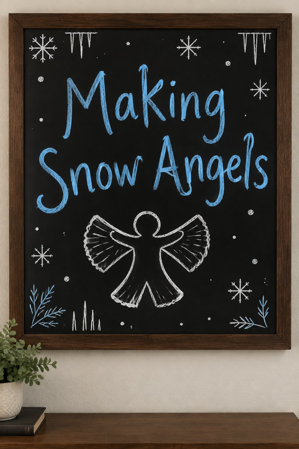 Snow Angels Sign: a framed winter chalkboard sign reading "Making Snow Angels", hand-drawn in chalk with a simple snow angel outline with wing shapes fanned out to the sides.