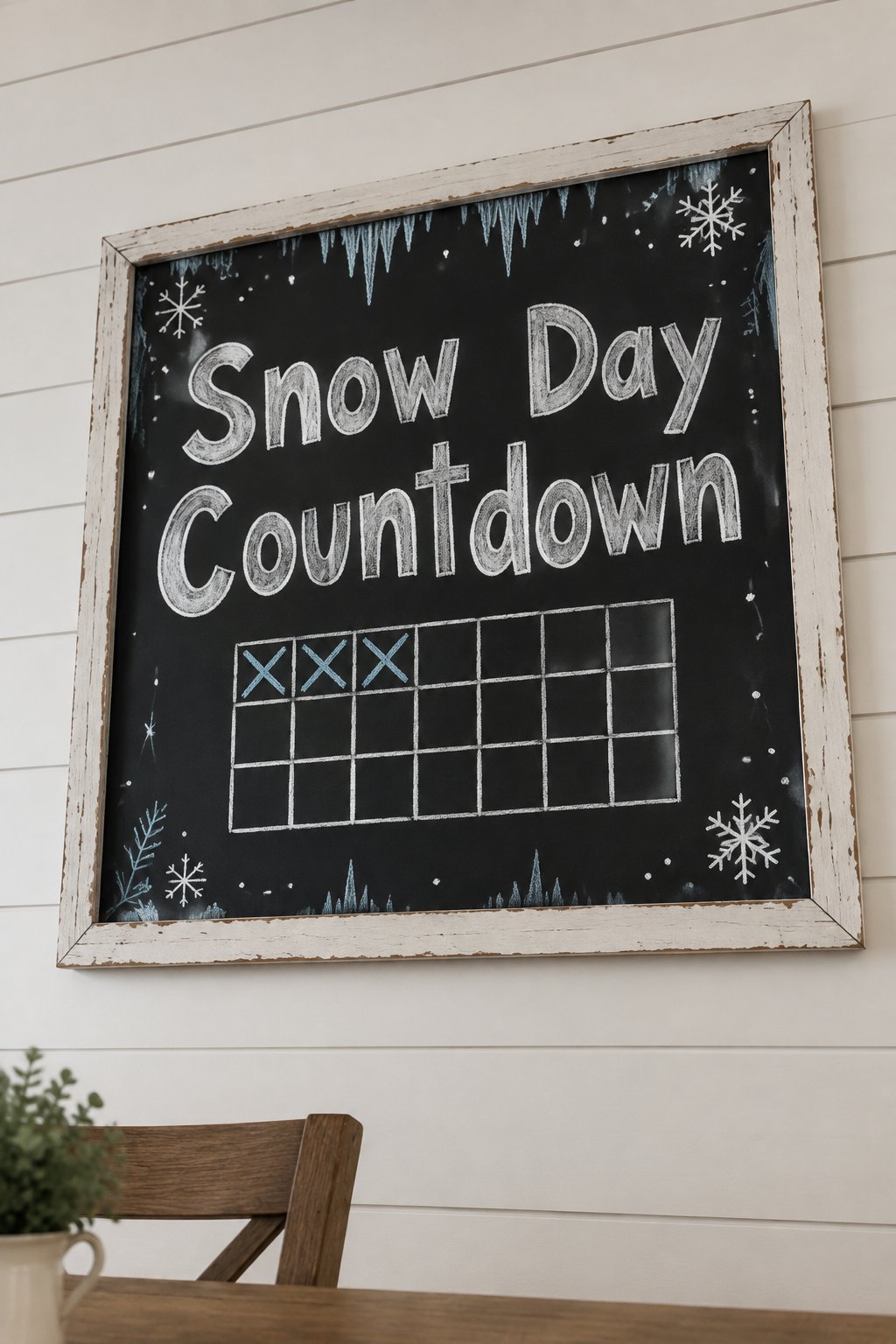 Snow Day Countdown Board: a framed winter chalkboard sign reading "Snow Day Countdown", hand-drawn in chalk with a grid of small squares with the first few crossed off, a tiny snowflake in the corner.