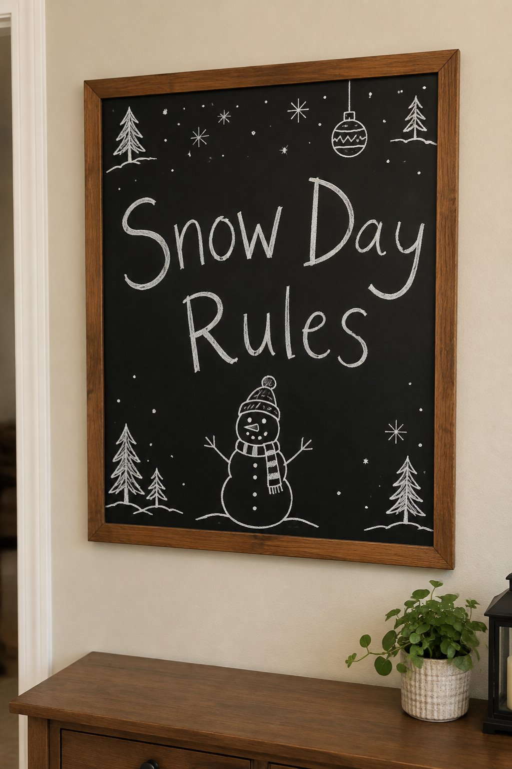 Snow Day Rules: a framed chalkboard sign reading "Snow Day Rules", hand-drawn in chalk with a snowman in a striped scarf.