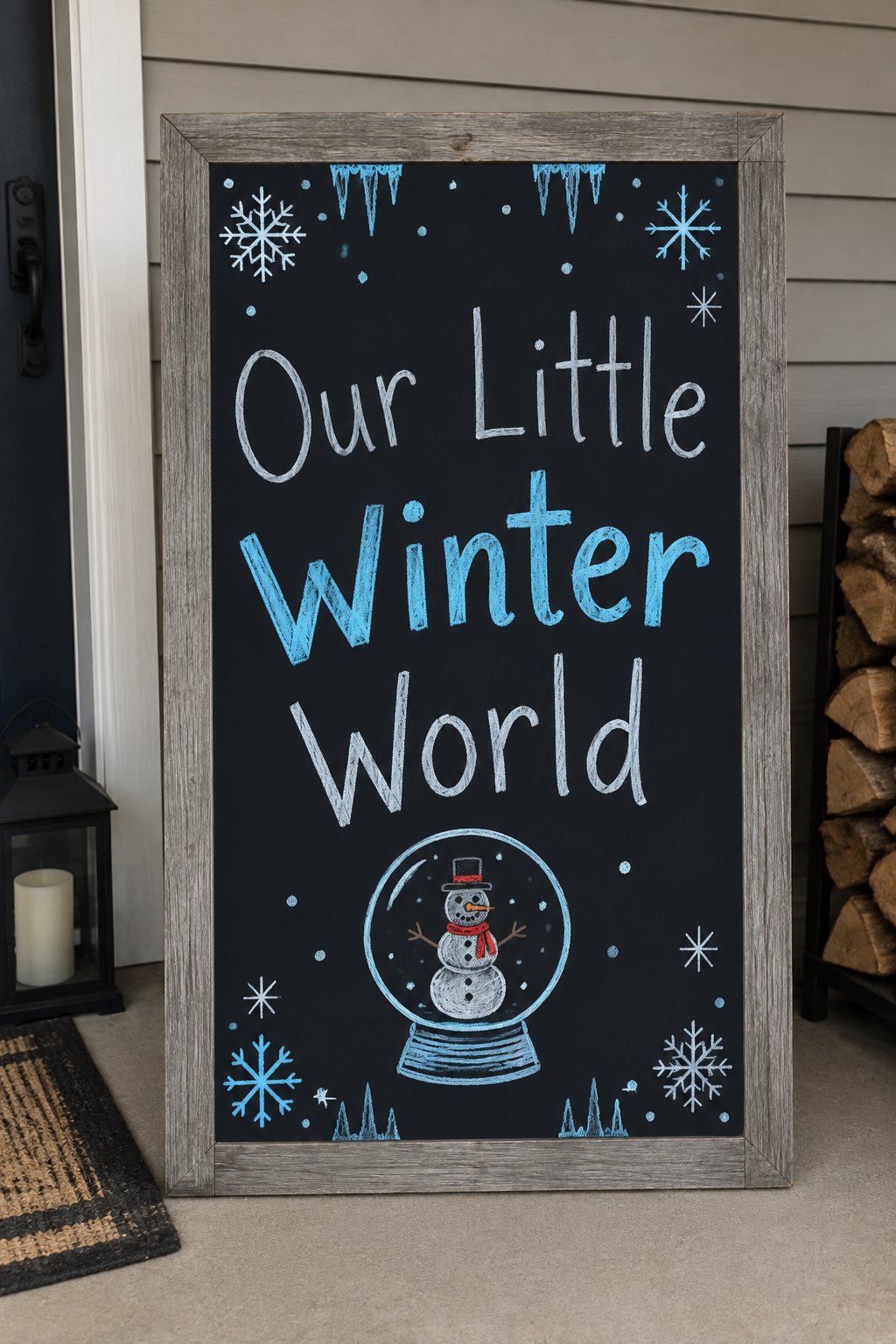 Snow Globe Doodle Board: a framed winter chalkboard sign reading "Our Little Winter World", hand-drawn in chalk with a simple round snow globe outline with a tiny snowman inside and a few dots of snow