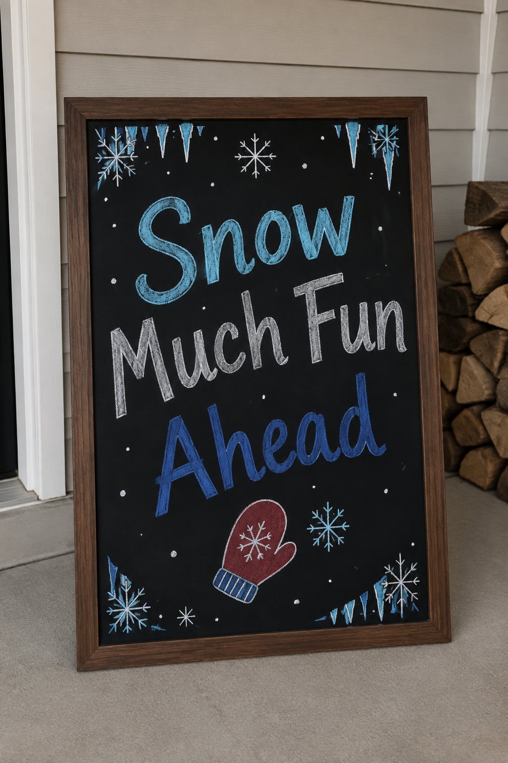 Snow Much Fun Ahead: a framed winter chalkboard sign reading "Snow Much Fun Ahead", hand-drawn in chalk with one mitten and a small snowflake tucked beside the words.