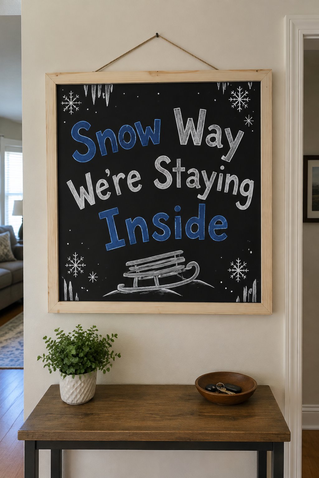 Snow Way Were Staying Inside: a framed winter chalkboard sign reading "Snow Way We're Staying Inside", hand-drawn in chalk with one sled resting on a small snow drift.