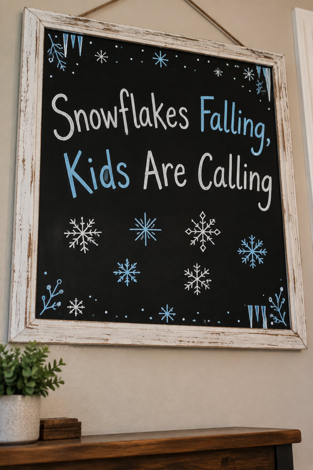 Snowflakes Falling Board: a framed winter chalkboard sign reading "Snowflakes Falling, Kids Are Calling", hand-drawn in chalk with a scattering of six small snowflakes of different shapes across the b