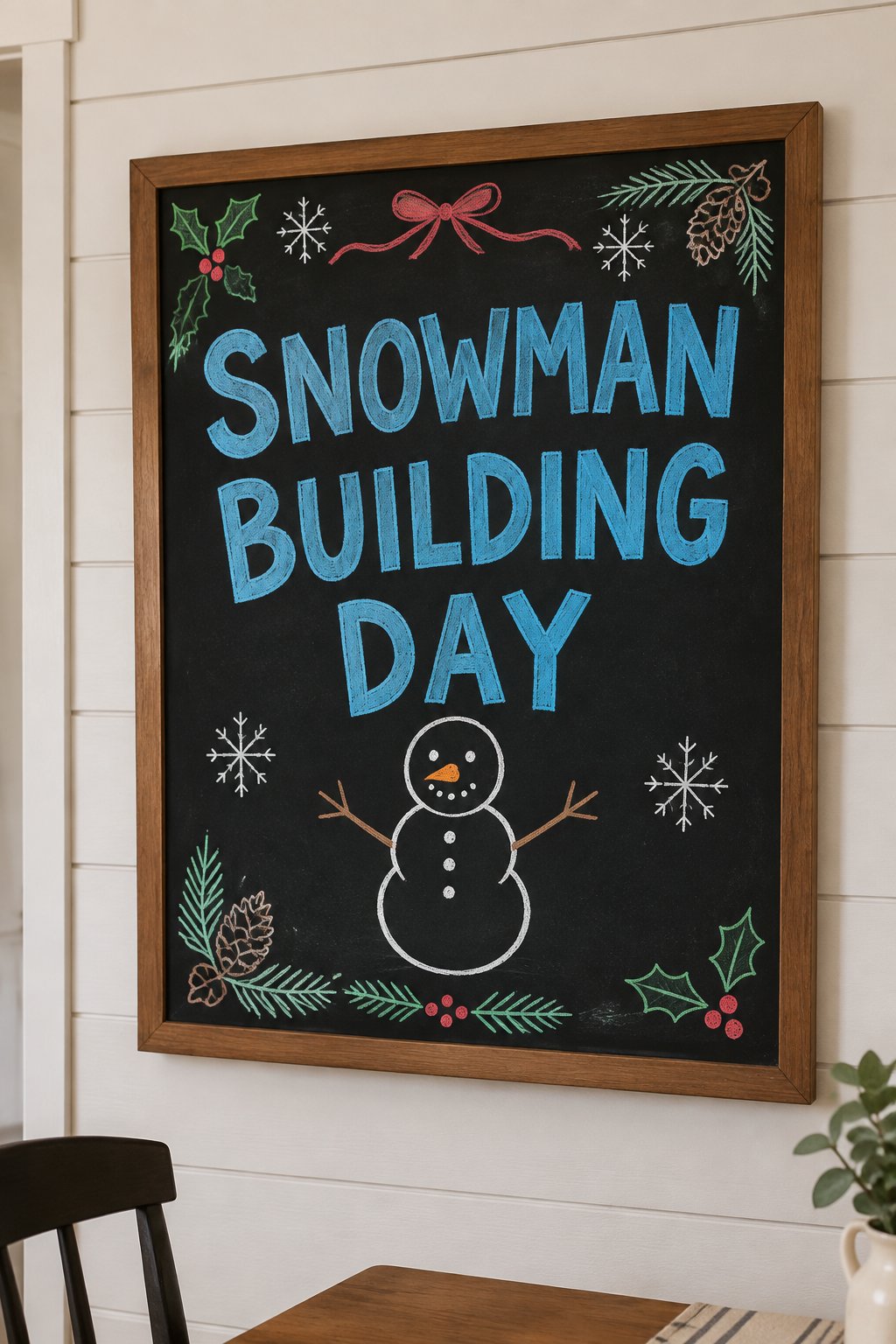 Snowman Building Day: a framed December chalkboard sign reading "Snowman Building Day", hand-drawn in chalk with a round snowman with a carrot nose and two twig arms.