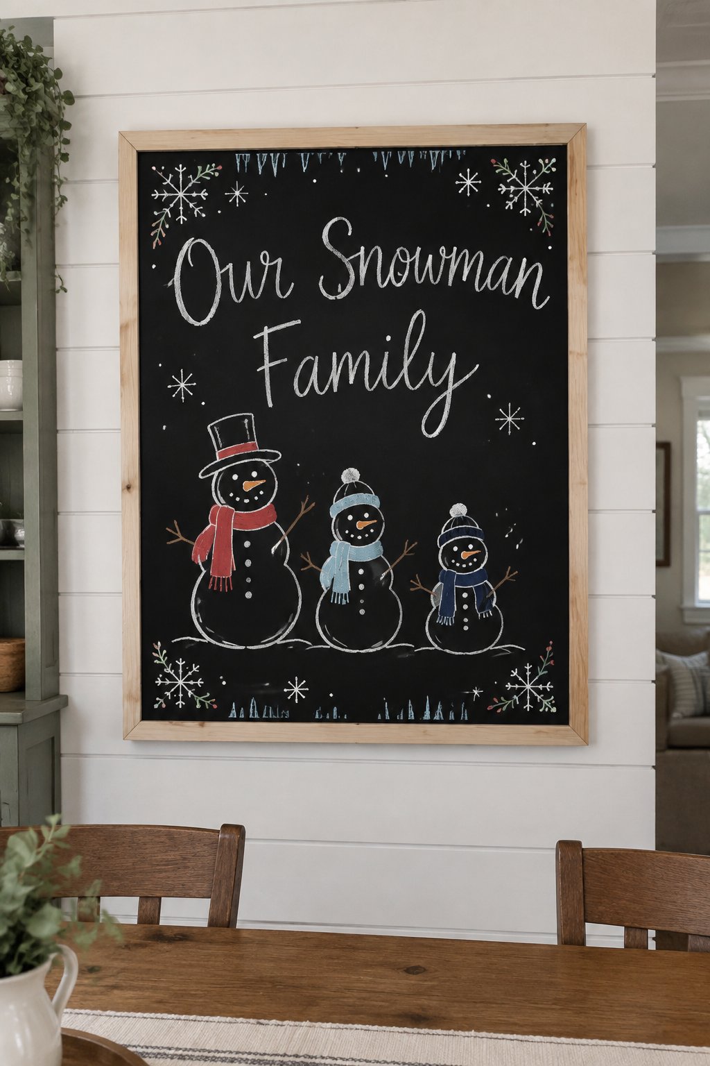 Snowman Family Board: a framed winter chalkboard sign reading "Our Snowman Family", hand-drawn in chalk with three snowmen of different sizes lined up in a row, each with a different scarf.