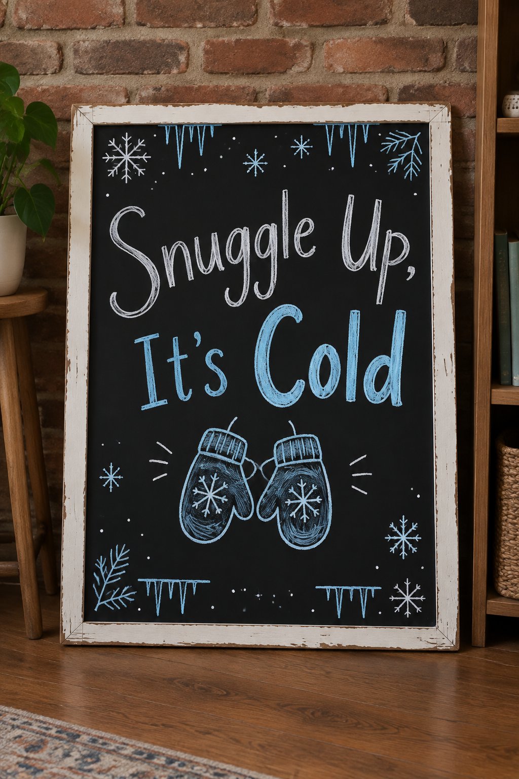 Snuggle Up Board: a framed winter chalkboard sign reading "Snuggle Up, It's Cold", hand-drawn in chalk with two mittens tucked together like they are holding hands.