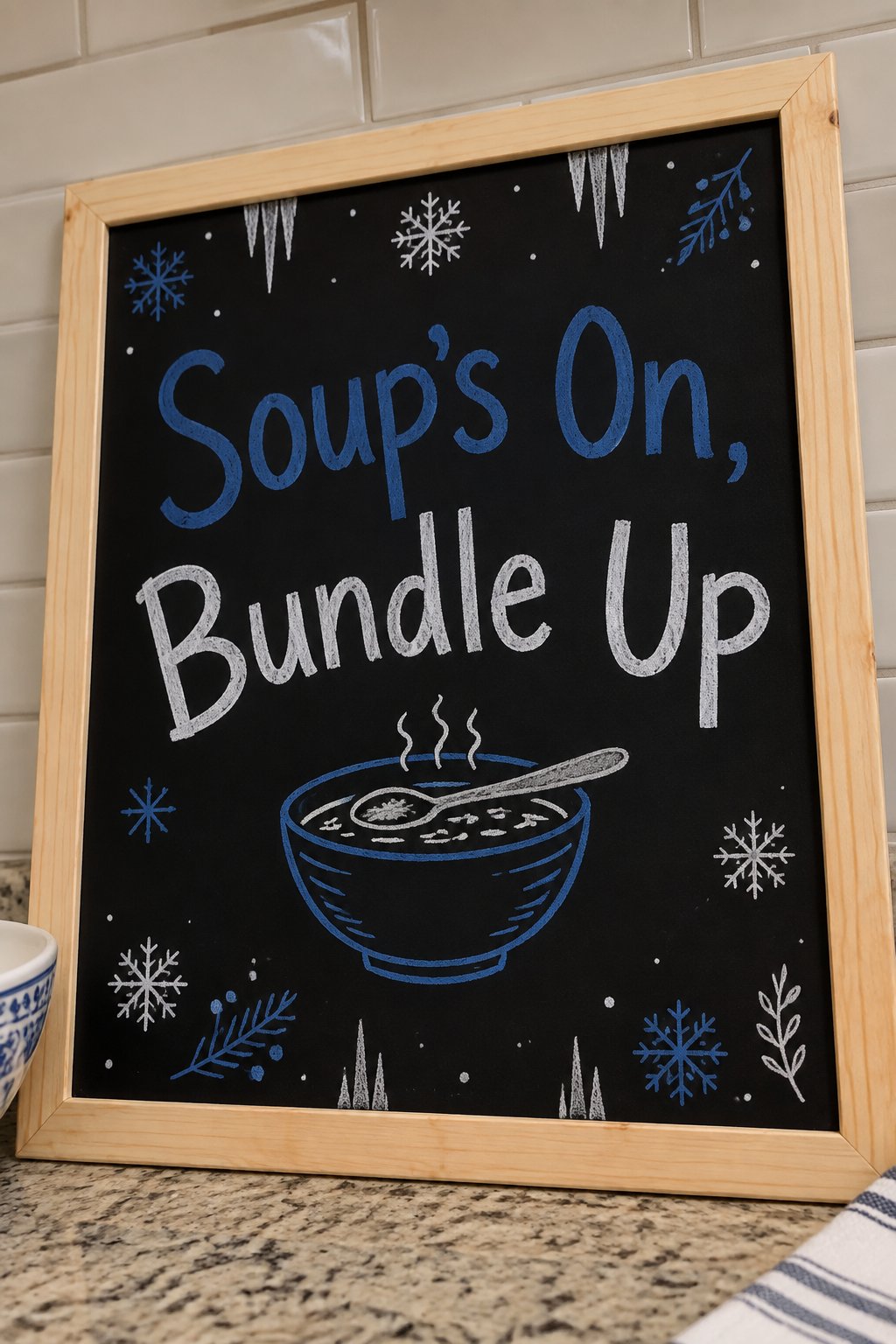 Soup Night Sign: a framed winter chalkboard sign reading "Soup's On, Bundle Up", hand-drawn in chalk with a round bowl of soup with a spoon resting across the top.