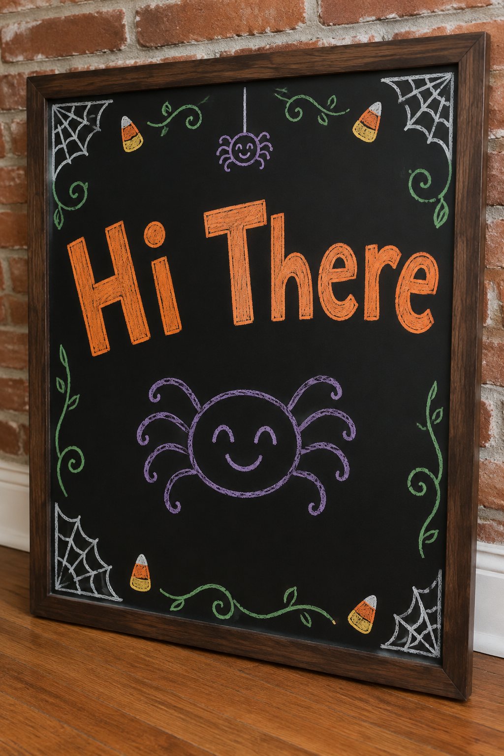 Spider Says Hi: a framed Halloween chalkboard sign reading "Hi There", hand-drawn in chalk with one round smiling spider with eight simple curled legs.