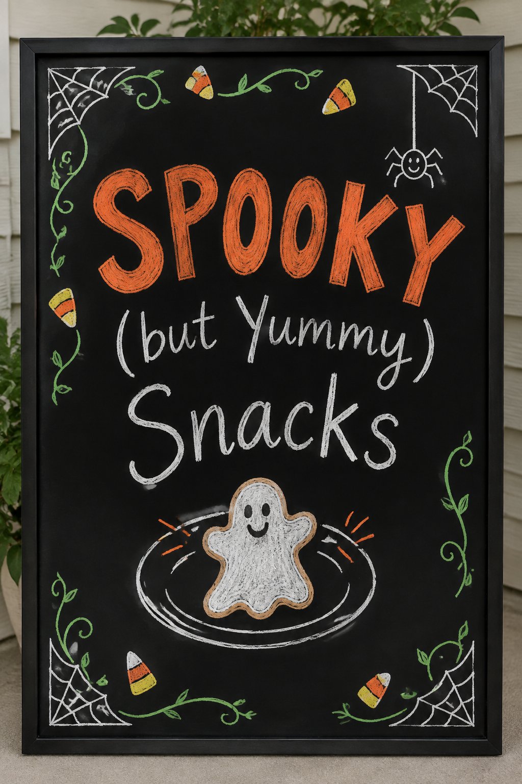 Spooky Snacks Table: a framed Halloween chalkboard sign reading "Spooky (but Yummy) Snacks", hand-drawn in chalk with a plate with a smiling cookie shaped like a ghost.