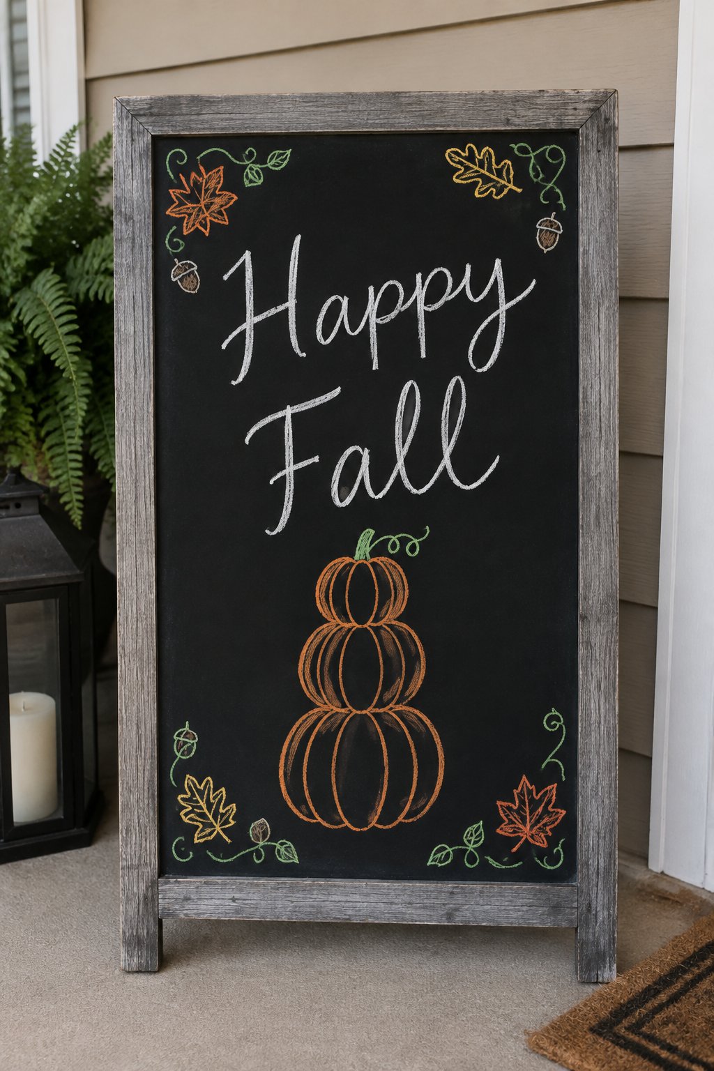 Stacked Pumpkin Tower: a framed fall chalkboard sign reading "Happy Fall", hand-drawn in chalk with three pumpkins stacked tall like a tower.