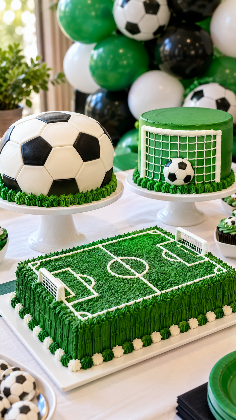 A soccer-themed stadium lights cake with a green field, fondant floodlights, colorful crowd decorations, and golden match-night accents.