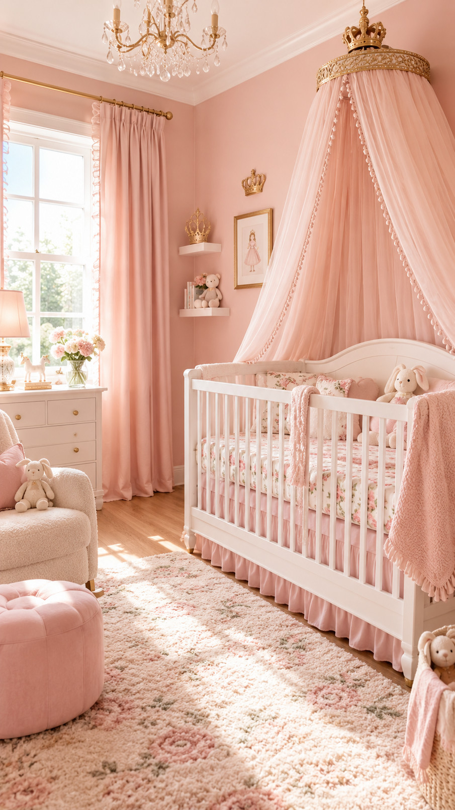 A girls' nursery with tiny golden star ceiling accents above a white crib, blush walls, soft bedding, and a warm night-light.