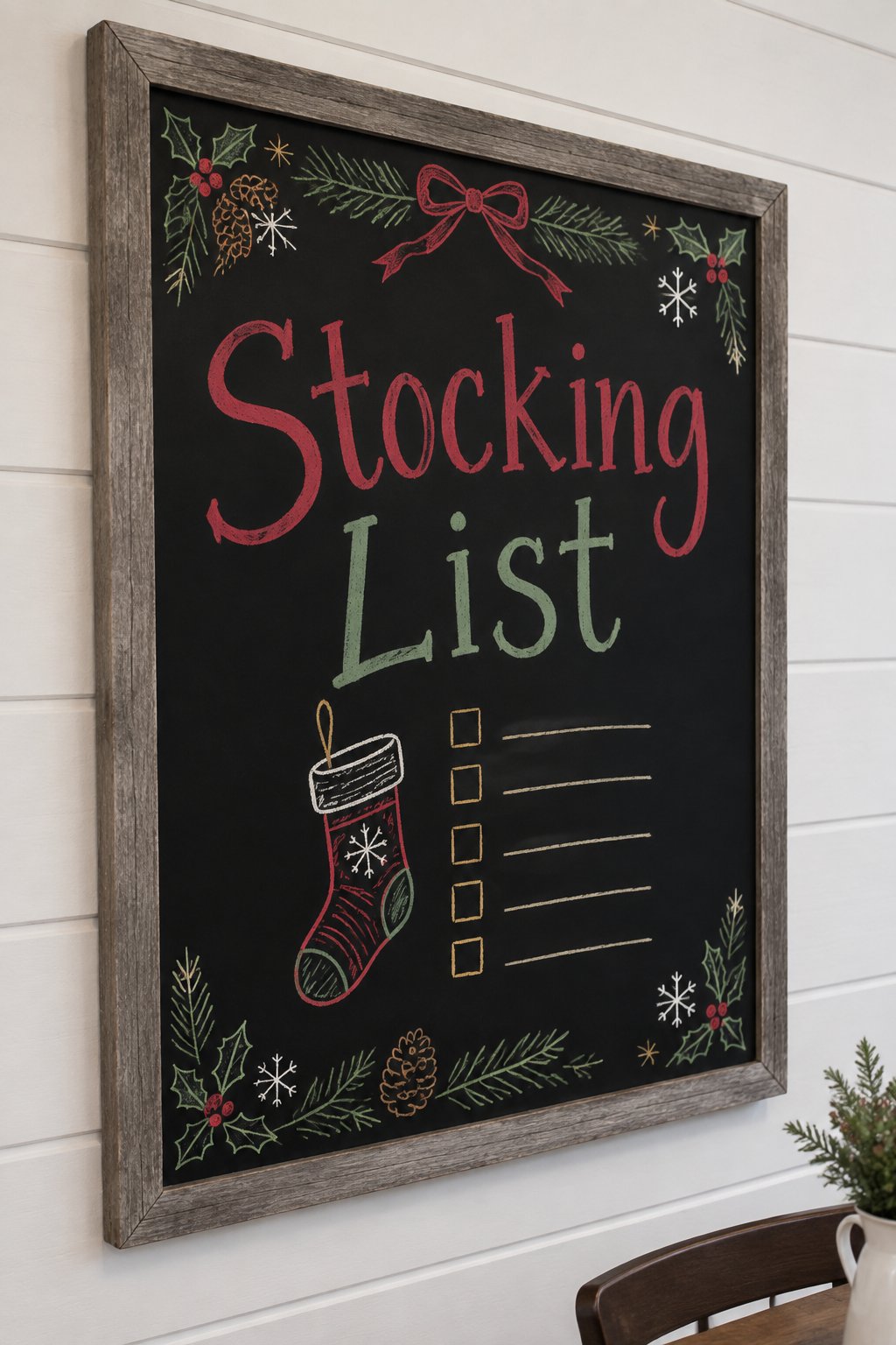 Stocking Stuffer Checklist: a framed chalkboard sign reading "Stocking List", hand-drawn in chalk with a hanging stocking with a checklist beside it.
