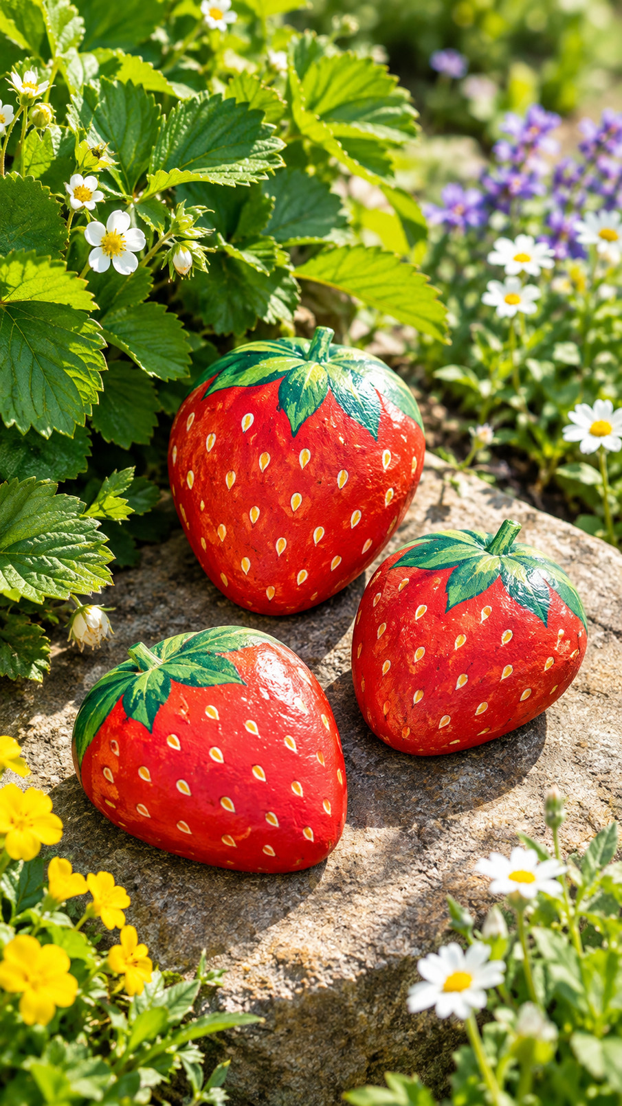 A strawberry-painted rock basket filled with bright red strawberries, green leaves, and white seeds displayed as cheerful summer garden decor.