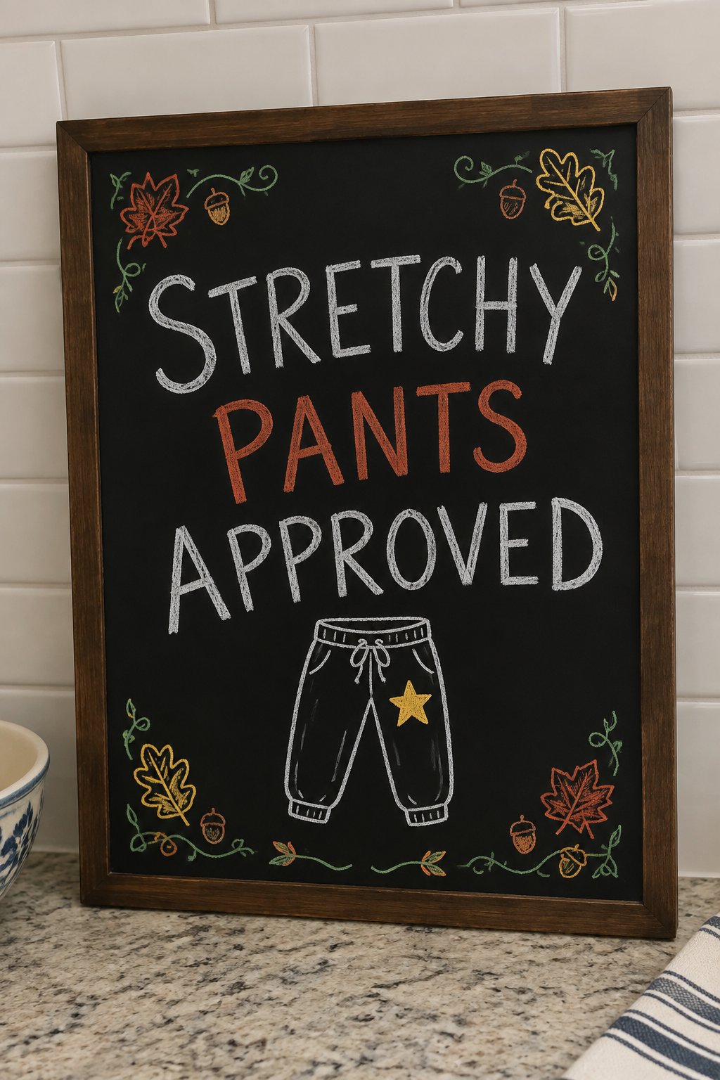 Stretchy Pants Approved: a framed Thanksgiving chalkboard sign reading "Stretchy Pants Approved", hand-drawn in chalk with a pair of comfy pants with a gold star.