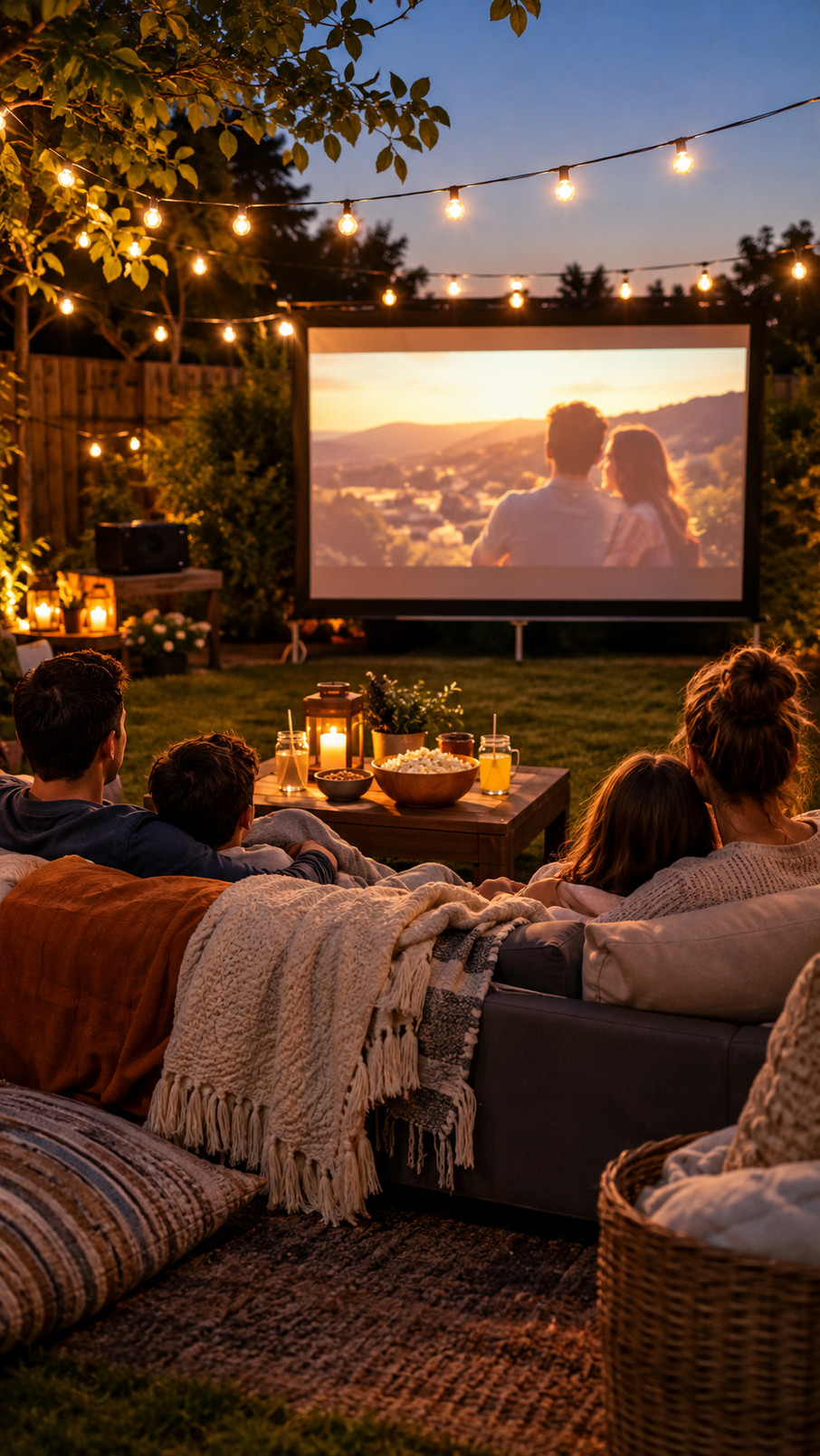 Backyard movie night with a glowing string light canopy shining above cozy outdoor seating under the stars.