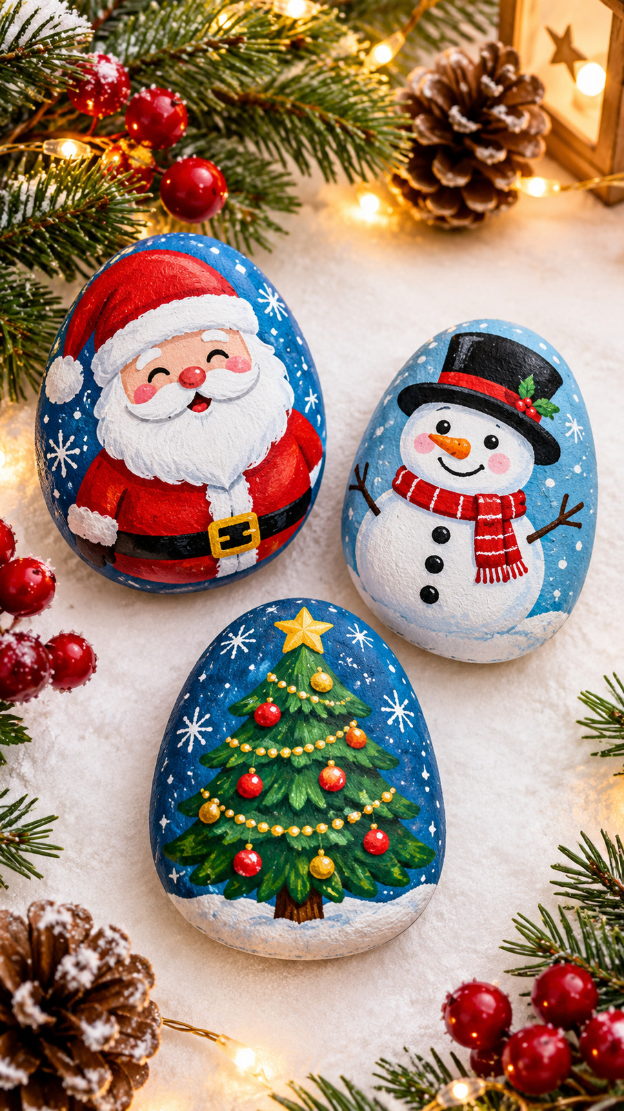 A Christmas painted rock decorated as a bright red-and-white striped candy cane with playful peppermint swirls.