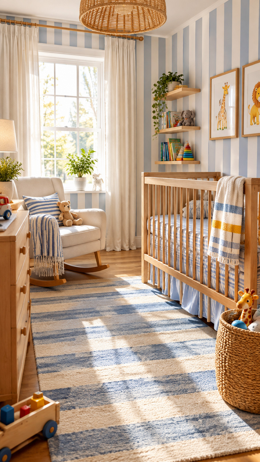 A cream and terracotta striped floor rug adds cozy texture and playful color to a stylish nursery.