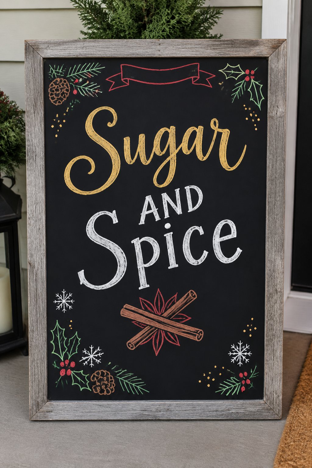 Sugar and Spice Kitchen: a framed December chalkboard sign reading "Sugar and Spice", hand-drawn in chalk with a cinnamon stick crossed with a star anise pod.