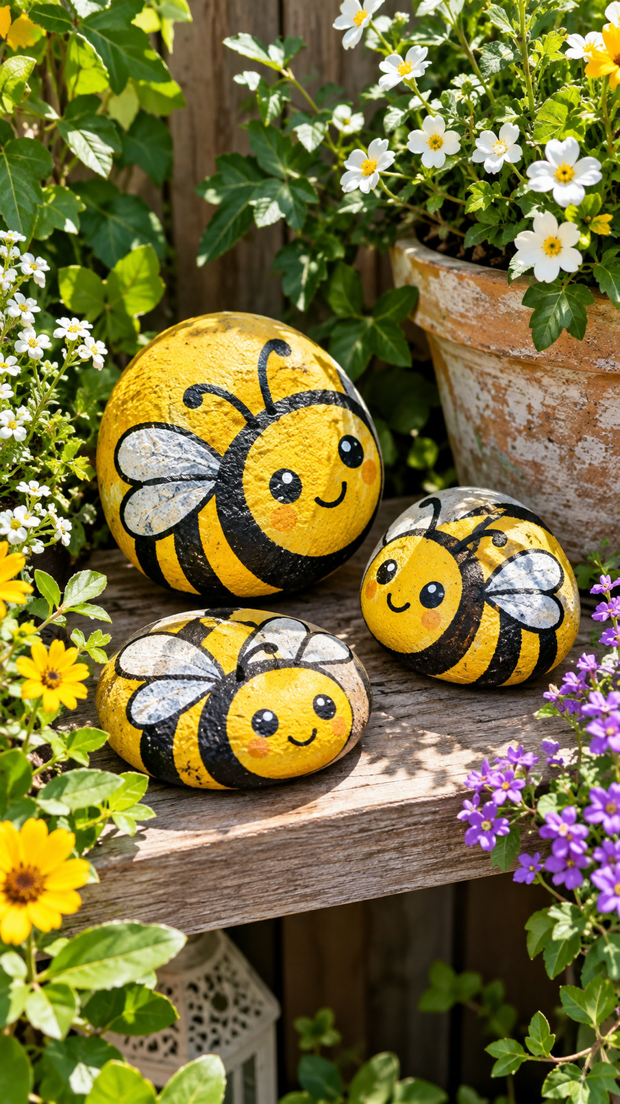 A yellow and black bee-painted rock nestled beside a bright sunflower for cheerful garden decor.