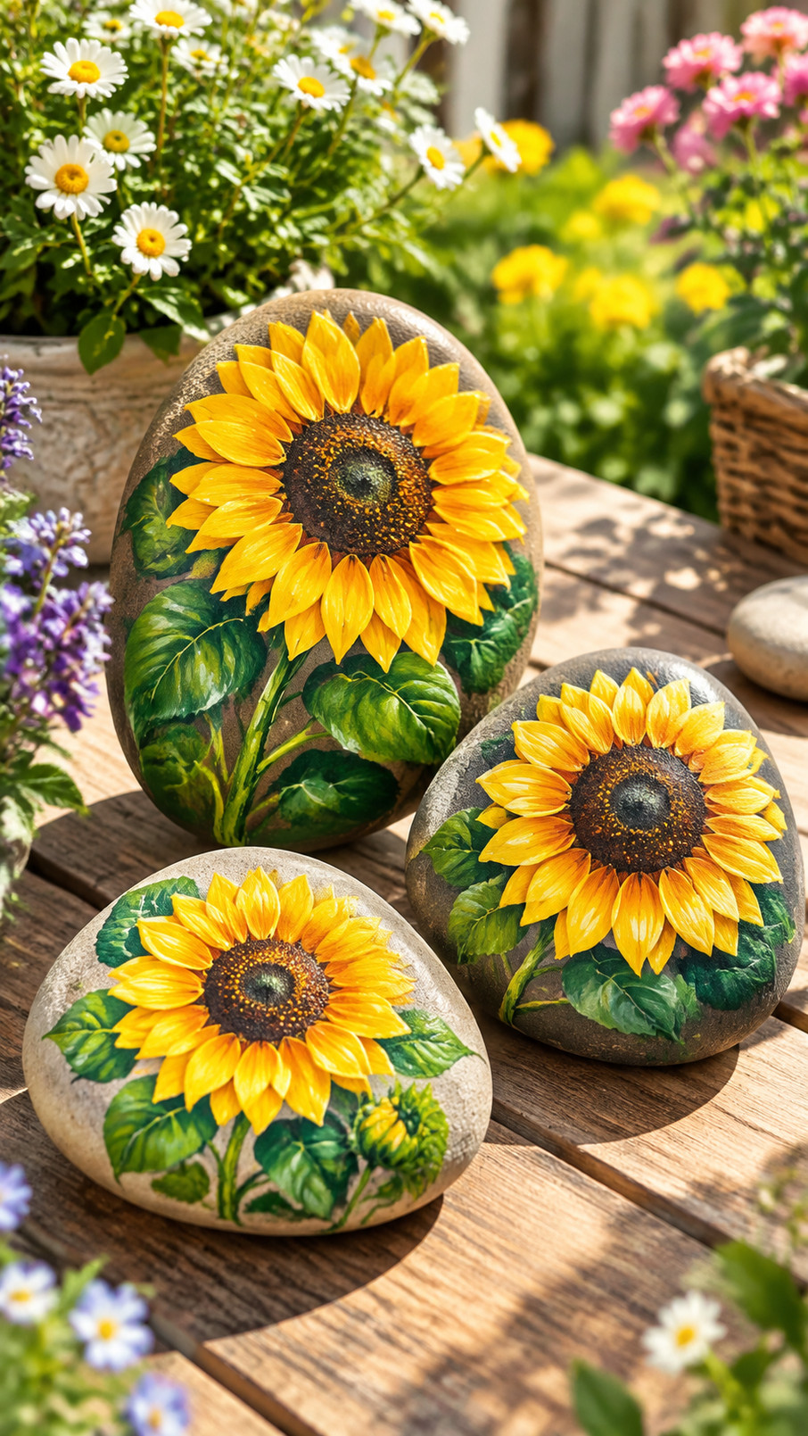 Photo of a painted rock featuring a sunflower garden scene with golden flowers, green stems, blue sky, and rosy clouds.