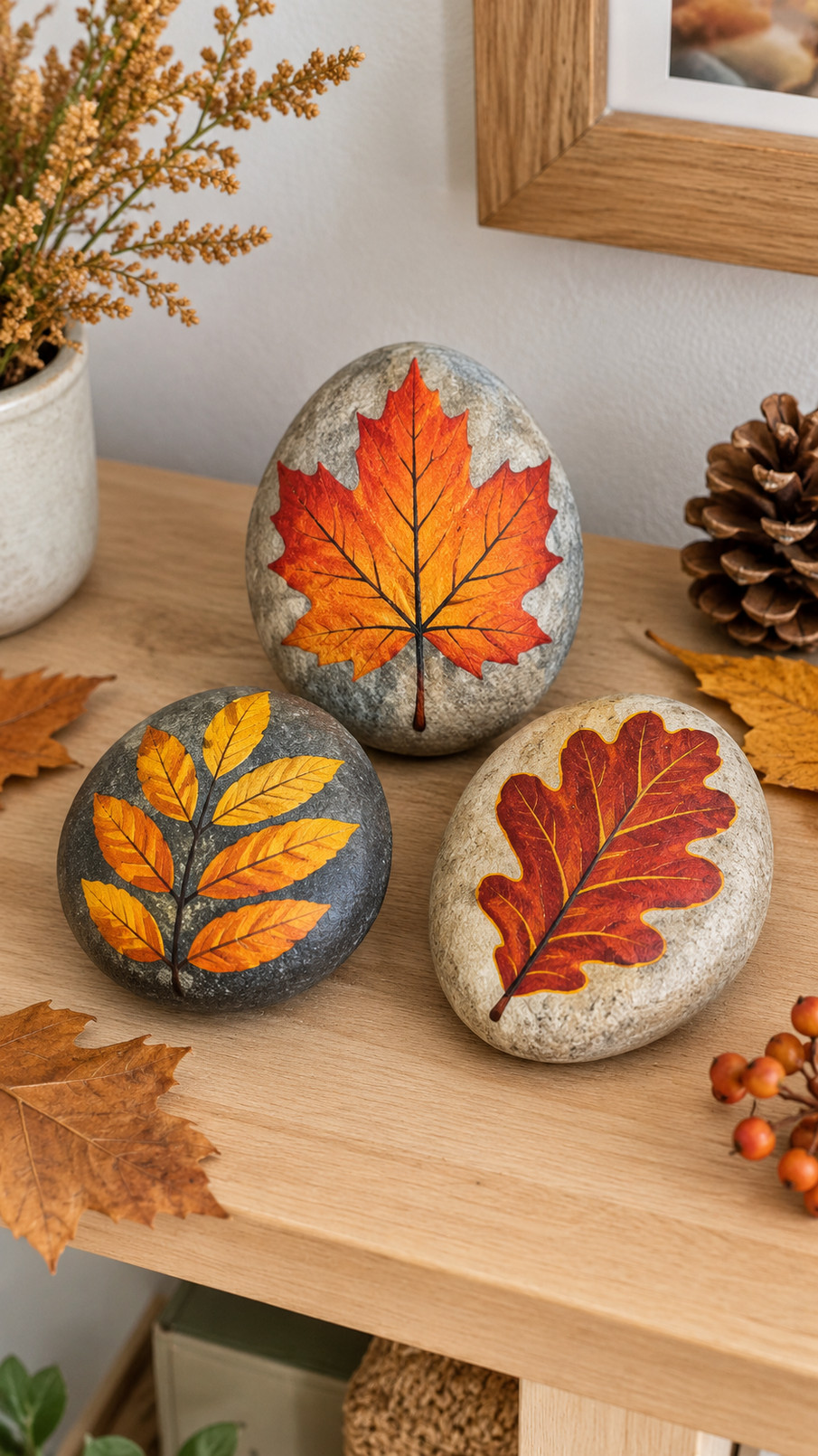 A photo of autumn leaf-painted rocks arranged as a sunlit cluster in golden yellow, pumpkin orange, and russet red.