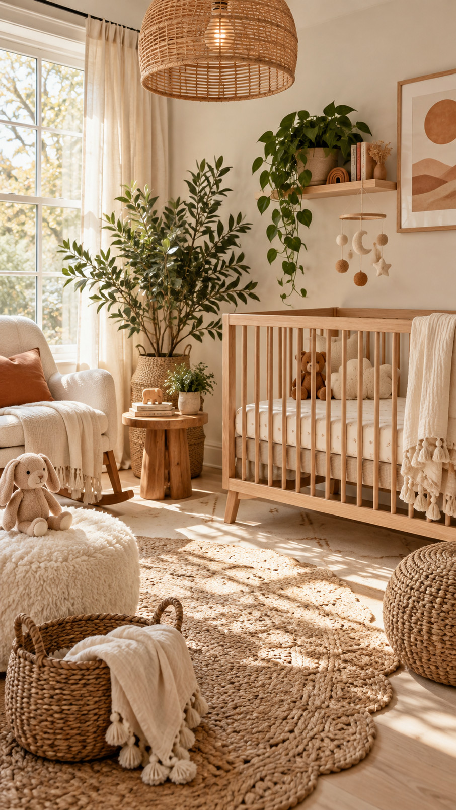 Ivory sheer curtains filtering sunlight in a cozy boho nursery with woven accents, warm wood, and earthy tones.