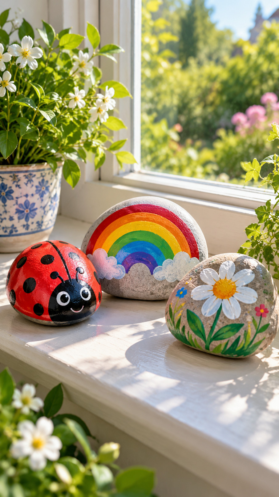 A photo of sunny bee rocks painted with yellow-and-black stripes, tiny wings, and cheerful faces.
