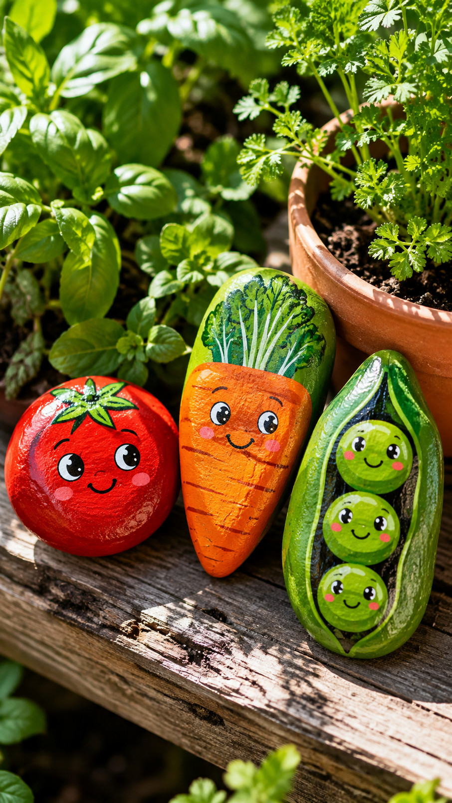 A sunny yellow bell pepper painted on a rock with a green stem and glossy garden-inspired details.